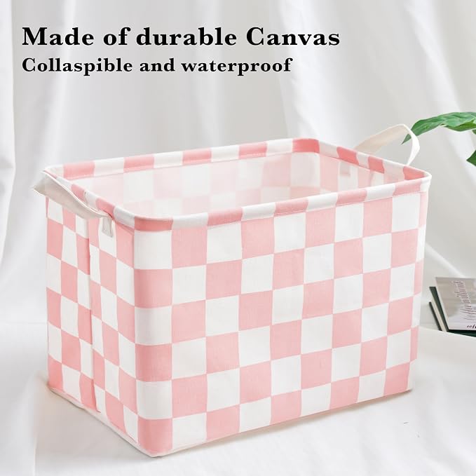 Ohocut Pink White Checkered Canvas Basket, Rectangular Organizing Decorative Storage Basket for Kids Dog Toy, Cute Aesthetic Race Cars Boy Room Decor for Home, Kitchen, Bedroom, Classroom, Shelves