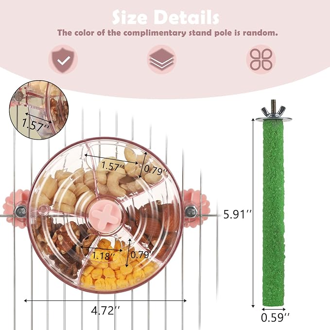 Bird Foraging Toy Interactive Slow Feeder with Rotating Treat Wheel Creative Enrichment Puzzle for Small & Medium Parrots Cockatiel Parakeet Conure - Pink