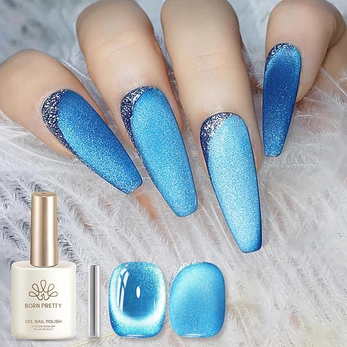 Born Pretty Blue Cat Magnetic Eye Gel Nail Polish,15ML Sea Blue Holographic Shimmer Glitter Magnetic Gel Polish,Reflective Translucent U V Gels for Manicure Salon DIY
