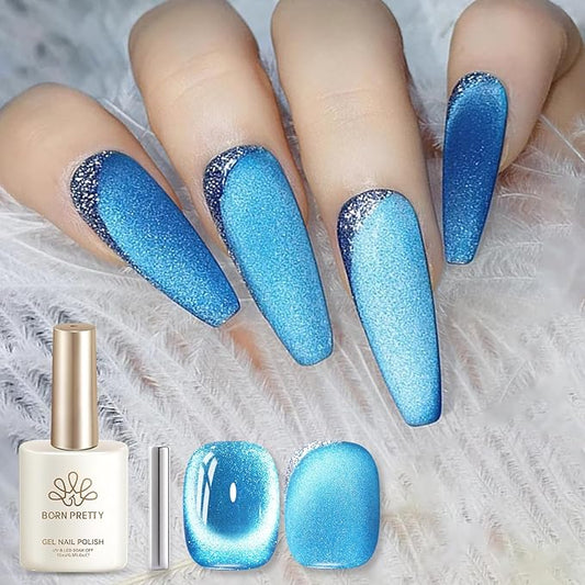 Born Pretty Blue Cat Magnetic Eye Gel Nail Polish,15ML Sea Blue Holographic Shimmer Glitter Magnetic Gel Polish,Reflective Translucent U V Gels for Manicure Salon DIY