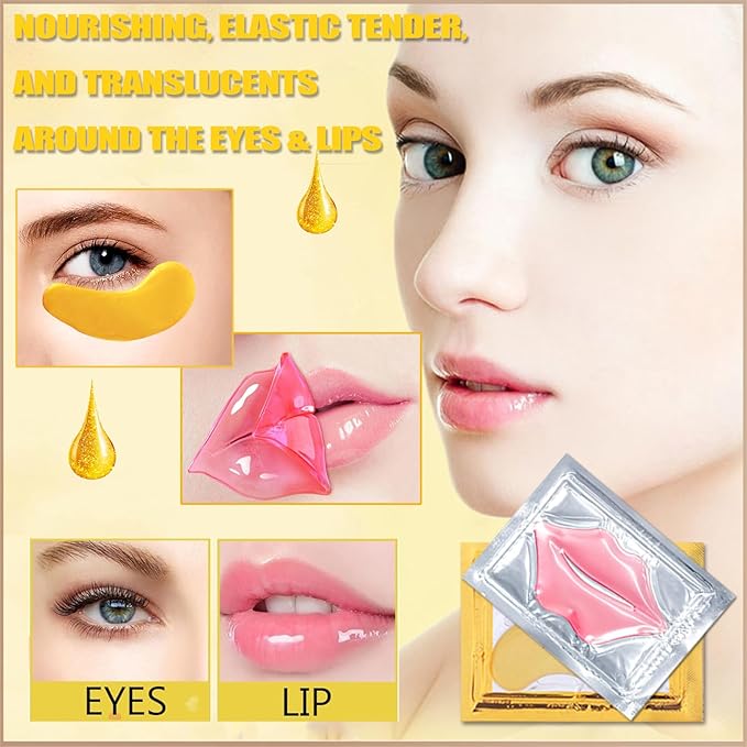 Miniling 30 Pairs 24K Gold Eye Masks & Lip Masks, Under Eye Patches for Dark Circle and Puffy Eyes, Moisturizing Lip Mask Skincare, Valentines Day Gifts, Bridesmaid Gifts, Bulk Gift for Women