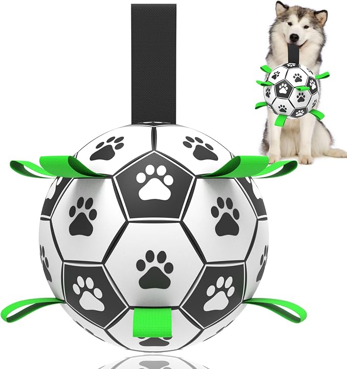 Dog Soccer Ball with Straps, Interactive Tug of War Dog Toy for Small Medium Dogs, Puppy Outdoor Yard Water Toy, Birthday Gift Boredom Buster Jolly Ball for Pets(8 Inch)