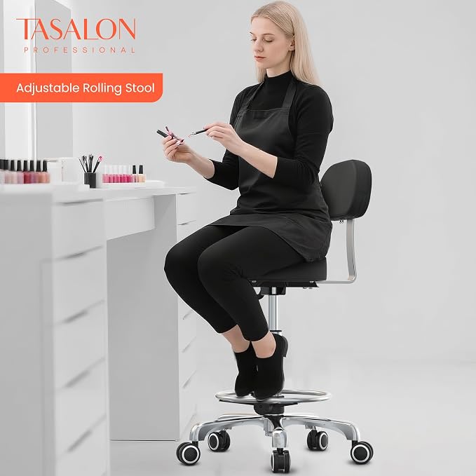 TASALON Professional Salon Rolling Stool Chair,Salon Equipment PU Leather Seat with Backrest,Height Adjustable, Swivel Metal Feet,Spa Tattoo Massage Home Office Swivel Stool Chair Black