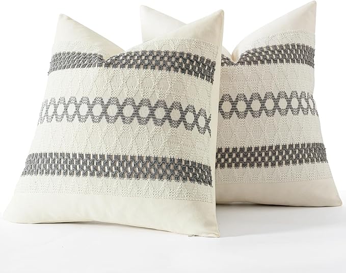MIULEE Set of 2 Gray Boho Decorative Pillow Covers 20x20 Inch | Farmhouse Couch Throw Pillows, Modern Spring Cotton Cushion Covers, Macrame Woven Home Decor for Bed Sofa Chair