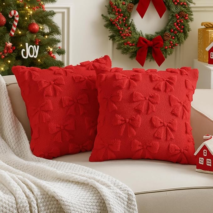 Mixweer Red Bow Pillow Covers Set of 2 Preppy Room Decor Coquette Cute Spring Summer Decorative Faux Fur Soft Bowknot Stuff Fluffy Plush Aesthetic Pillowcase for Bed Sofa Couch (18 x 18 Inch)