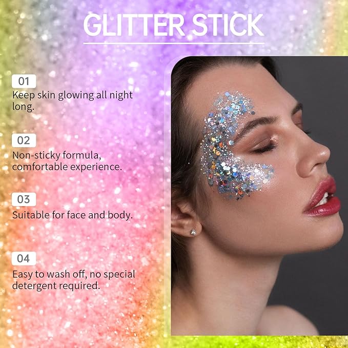 Green Body Glitter Stick, Sparkling Holographic Sequins Neon Outfit Singer Concert Music Party Rave Christmas Accessories Hair and Body Glitter Gel Makeup.