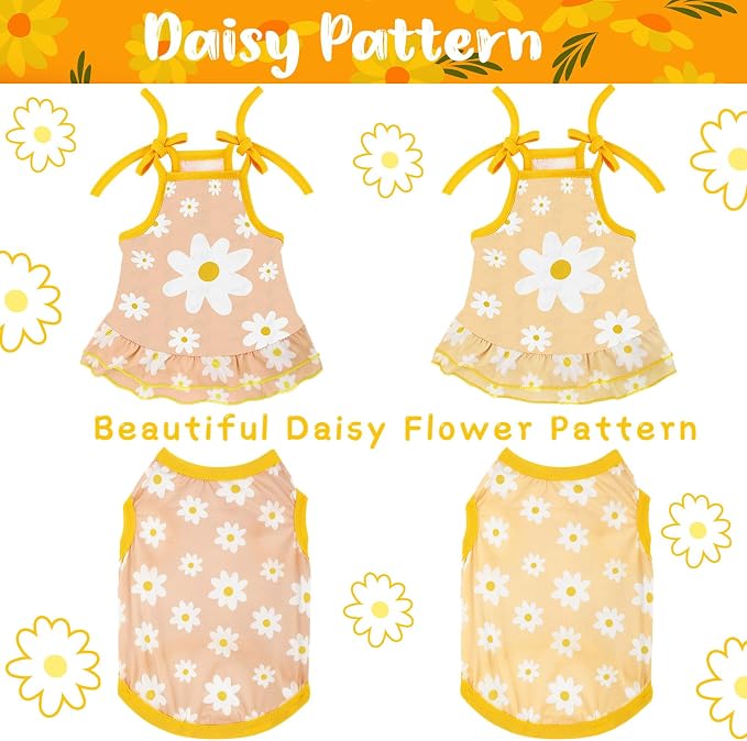 Frienda 4 Pieces Dog Clothes Set Include 2 Pcs Cute Pet Dress Lovely Dog Dress and 2 Pcs Breathable Pet T Shirt Puppy Clothes(Daisy,Small)