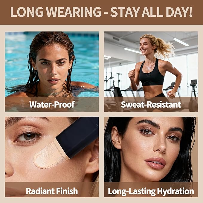 Full Coverage Foundation Stick with Contour Brush, Water Resistant & Lightweight Foundation Makeup with Beauty Sponge, Buildable Concealer Stick for Multiple Skin Tones, Daily Natural Matte Finish