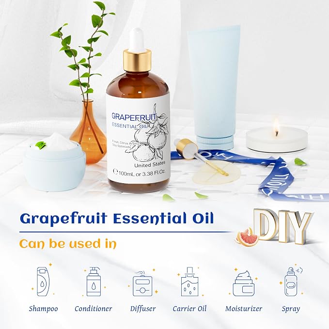 HIQILI 100 ml Grapefruit Essential Oil, for Diffuser, Skin Care - 3.38 Fl Oz