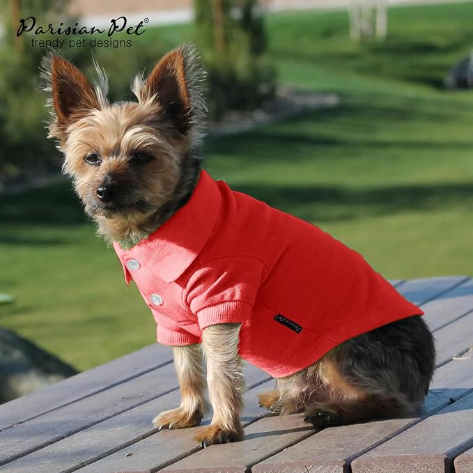Parisian Pet Dog Polo Shirt – Classic Red Cotton Pet Apparel with Collar & Buttons, Soft Breathable Puppy T-Shirt, Cute Dog Clothes - Ideal Summer Clothes for Small Dogs - Shirts for Dogs Boy Girl