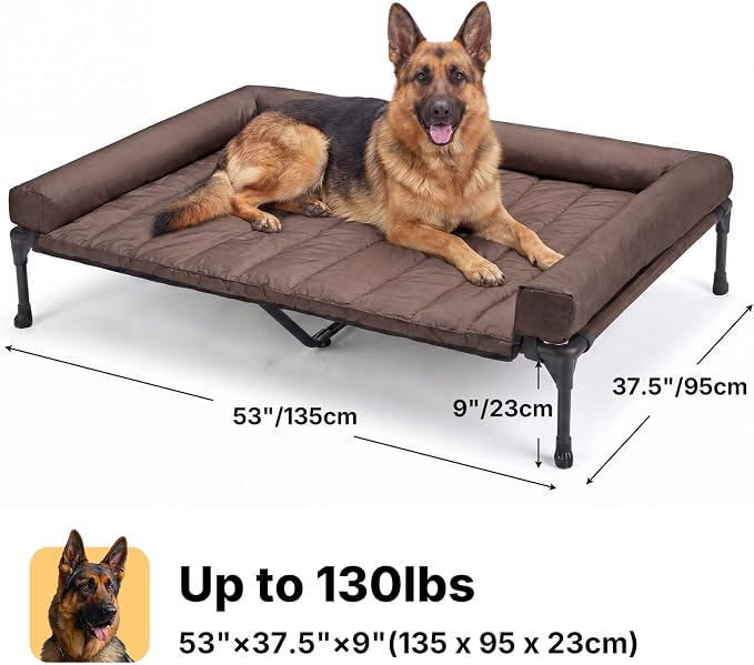 Veehoo Outdoor Elevated Dog Bed with Waterproof Bolster Cushion, Cooling | Raised Dog Bed with Removable & Washable Mat Topper, Breathable Mesh, Dog Couch Cot for Indoor Outdoor, 53", Large, Brown