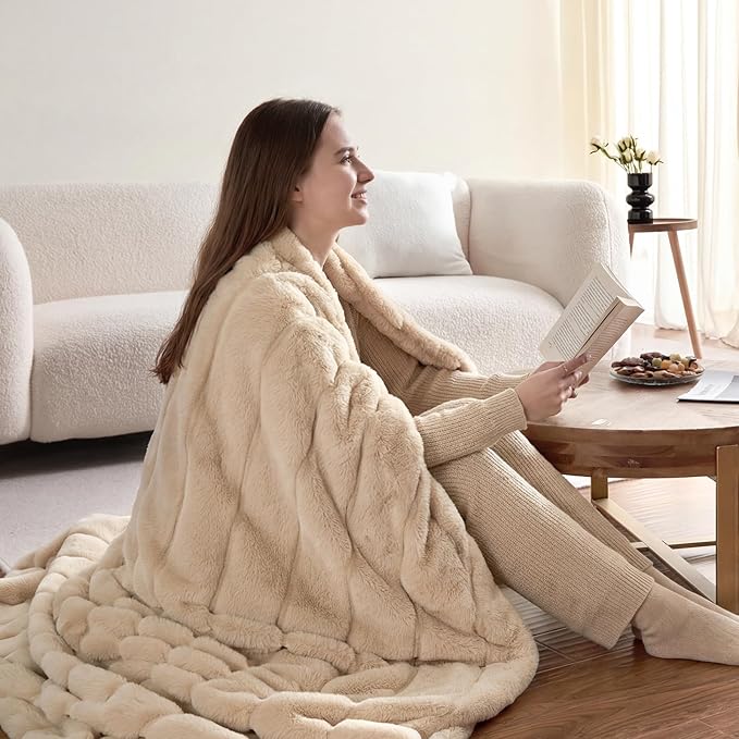 Cozy Bliss Deluxe Sheared Rabbit Faux Fur Throw Blanket, Soft Fuzzy High-Low Sculpted Plush Blanket for Couch, Cozy Home Accent, All Season Use, Khaki 60"x80"