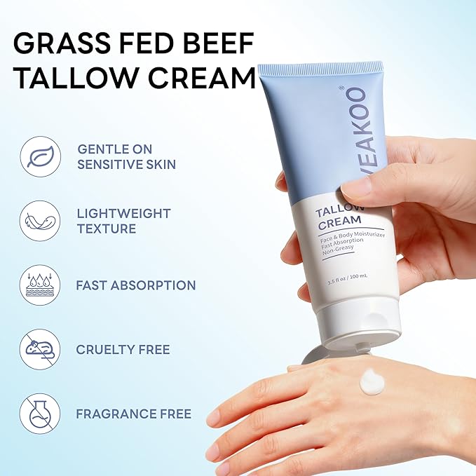 Veakoo Beef Tallow for Skin, Whipped Beef Tallow Cream, Unscented Face Moisturizer in Tube, Organic Grass Fed Tallow and Honey Balm for Nourishing Dry, Oily, Combination, and Normal Skin