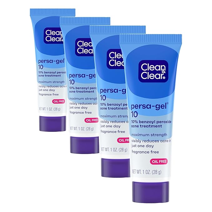 Clean & Clear Persa-Gel 10 Oil-Free Acne Spot Treatment with Maximum Strength 10% Benzoyl Peroxide, Topical Pimple Cream Visibly Reduces Acne in One Day, Fragrance-Free, 1 fl. oz (Pack of 4)