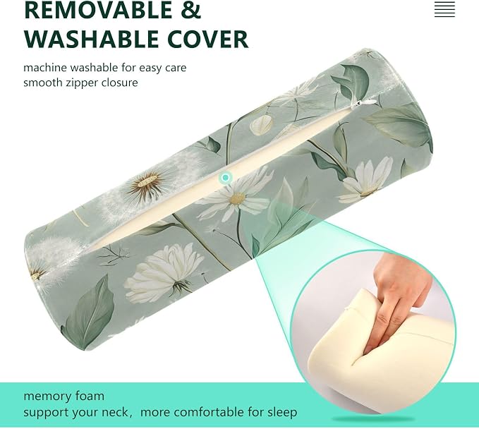 Sage Green Dandelion Neck Roll Pillow Bolster Round Health Memory Foam Long Cervical Cylinder Pillows with Removable Washable Cover for Body Bed Legs Back Yoga