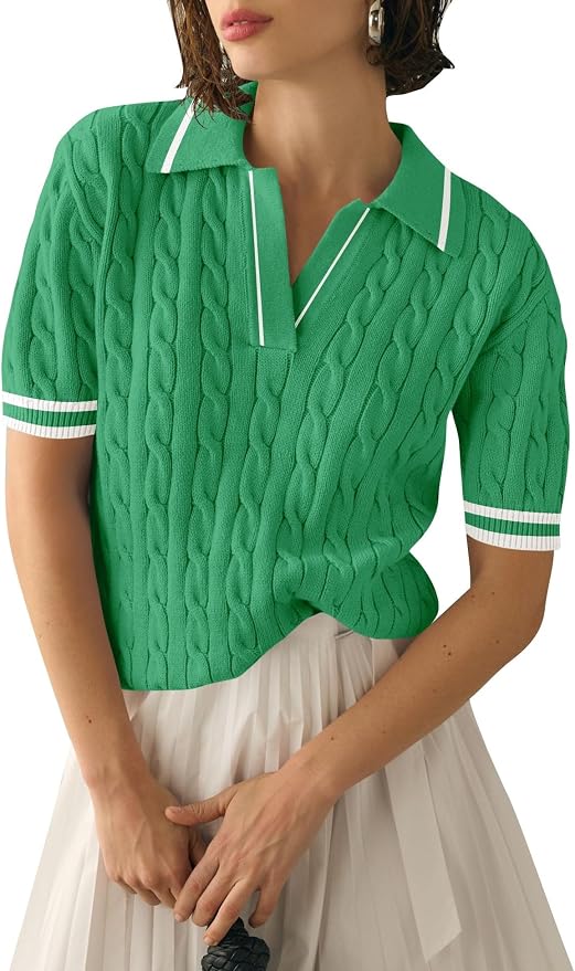 Micoson Womens Short Sleeve Sweater Tops Lapel V Neck Polo Shirts 2026 | Summer Cable Knit Loose Blouses, Business Casual Outfits