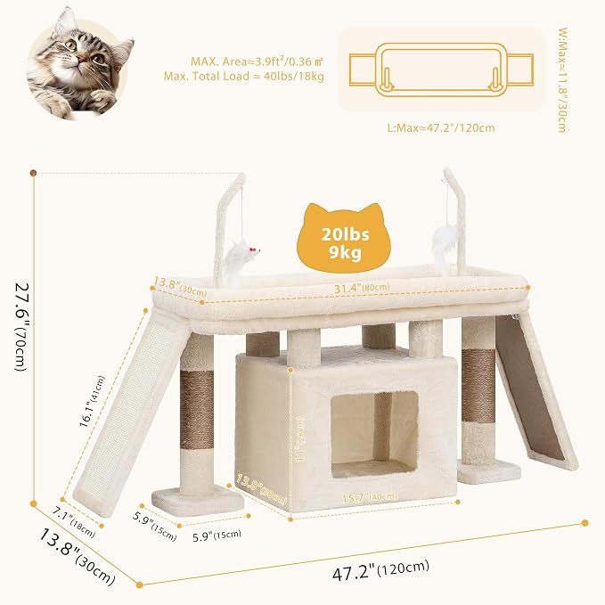 Heybly Cat Tree Extra-Long & Stable 2 Adjustable Scratch Boards HCT210SMJ | Easy-Climb Cat Tower with Dual-Leg Floor Condo, Sturdy Cat Furniture with Extra Wide Platform & Interactive Toys, Beige