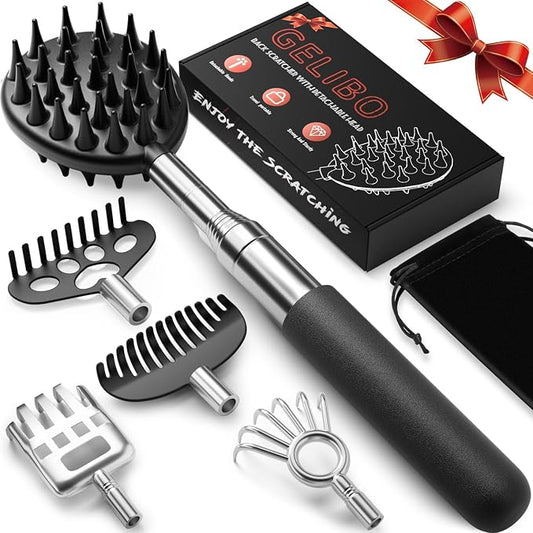 Gelibo Telescoping Large Back Scratcher with 5 Detachable Heads, Gift for Him, Dad, Gifts for Men, Extendable Back Massager Tool with Beautiful Box