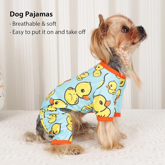 DaFuEn Dog Pajamas for Small Dogs, Soft Stretchy 4 Legs Puppy Jumpsuit, All Season Cozy Pet PJs for Chihuahua Yorkie Teacup Dogs, Cat Clothes (Blue Duck, M)