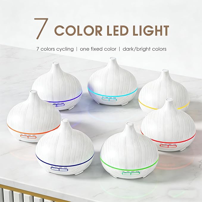 550ml Large Capacity Essential Oil Diffuser with 6 Aromatherapy Oils,Humidifier for Home Decor,Diffuser with Remote Control,7 Color LED Light for Yoga Gym Office Decoration (White Wood Grain)