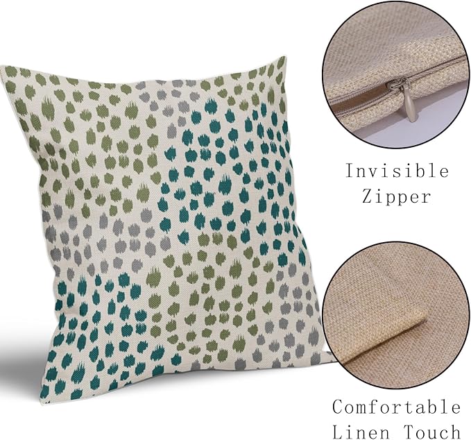 Teal Green Pillow Covers 16x16 Set of 2 Boho Design Gray Polka Dot Throw Pillows Modern Art Trendy Print Decorative Outdoor Pillowcase Square Cushion Cover Linen Pillow Case for Home Sofa Couch Bed