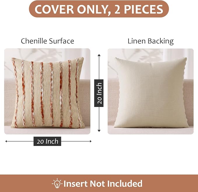 ANRODUO Boho Decorative Throw Pillow Covers Rust Stripe 20x20 Inch Set of 2 | Woven Chenille Decorative Cushion Case with Striped Farmhouse Accent Neutral Pillowcase for Couch Sofa Bed Living, Room Decor