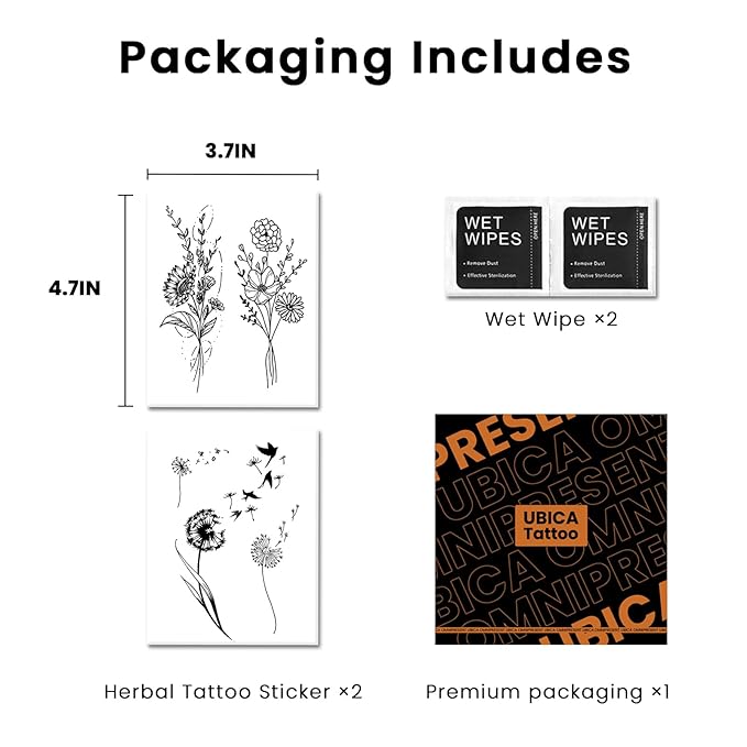 Semi Permanent Tattoo, 2 Sheets Long Lasting Dandelion Temporary Fake Tattoos For Women Arm Ankle Back，Sunflower Hydrangea For Women Adults Girls, Realistic, Waterproof and Non-Reflective
