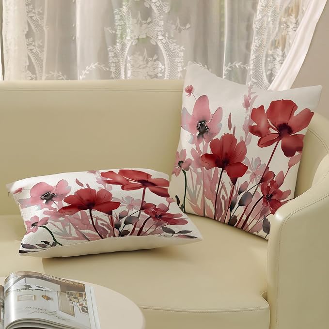 Spring Pillow Covers 18x18 Inches Set of 2 Pink Burgundy Red Floral Throw Pillow Covers Outdoor Rustic Summer Flower Decoration Pillowcase Farmhouse Decorative Cushion Cover For Home Sofa Couch