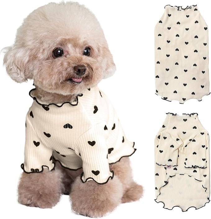 Pet Clothes for Small Dogs Cat Summer Fall Heart Print Shirt Stretchable Ruffle Long Sleeve Outfits for Chihuahua Schnauzer Shih Tzu Yorkie (Coffee, Large)