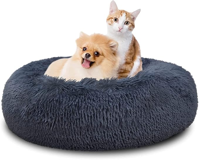SAVFOX 45 inches Calming Donut Dog Bed - 3X Durable Plush Faux Fur, Machine Washable & Non-Slip, Fits up to 150 lbs, Dark Grey