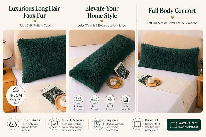 REAFORT PV Faux Fur Body Pillow Cover 21"x54", Hidden Zipper (Evergreen) | Ultra-soft long hair faux fur with a hidden zipper offers luxurious comfort and is machine washable for easy care.