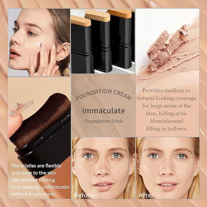 Flawless Face Foundation Stick,Korean Lightweight Hydrating Foundation Contour Stick with Brush,Multi-Use Face Makeup Sticks,Waterproof Thin and Cover Blemishes for All Skin Types (02#Natural)