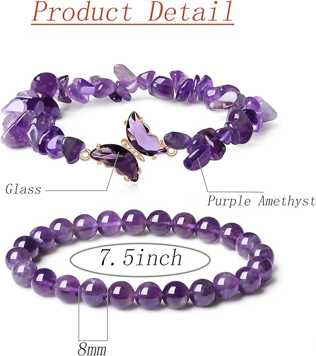 DUQGUHO 2Pcs Butterfly Bracelets for Women Healing Crystals Bracelets for Women Natural Gemstone Bead Bracelet Cute Butterfly Charm Bracelet Stretch 8mm Crystal Jewelry Gifts for Women