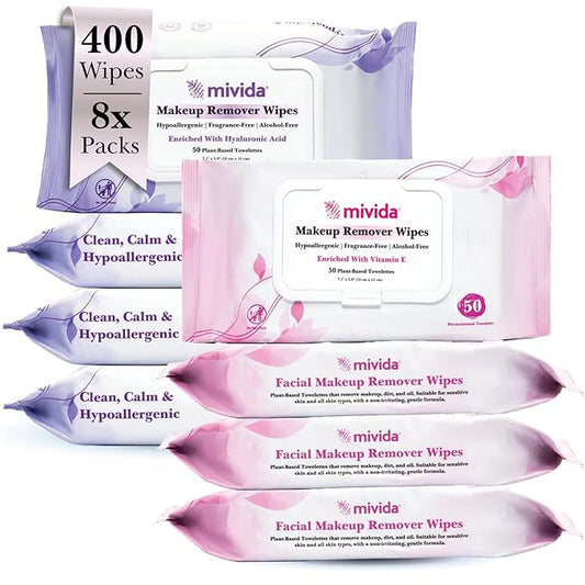 mivida Hypoallergenic Makeup Remover Wipes, Variety Box of 400 Wipes (8x50) 4 Packs with Vitamin E + 4 Packs with Hyaluronic Acid, Fragrance Free, Plant-Based make up wipes for Sensitive Skin