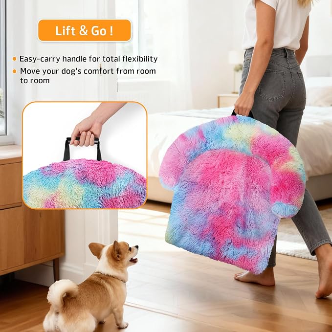 GGIB Calming Dog Bed Fluffy Plush Dog Mat for Furniture Protector with Removable Washable Cover for Large Medium Small Dogs and Cats (Large, Rainbow)