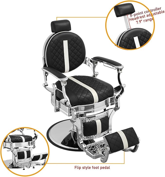 Kaleurrier Heavy Duty Barber Chair for Barbershop - Quilted Leather Hair Stylist Chair with Chrome Accents - Salon Furniture Equipment for Salon Station Home Massage Tattoo Black and White