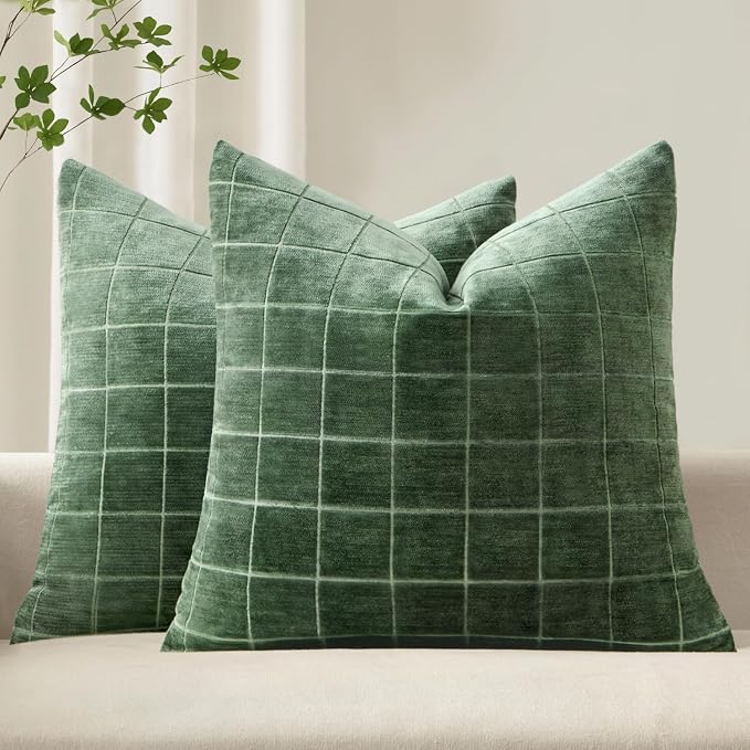 MIULEE Moss Green Plaid Decorative Euro Throw Pillow Covers 24x24 Set of 2 | Vintage, Check Chenille Couch Pillows, Neutral Boho Farmhouse Cushion Covers, Modern Home Decor for Sofa Bed Living Room