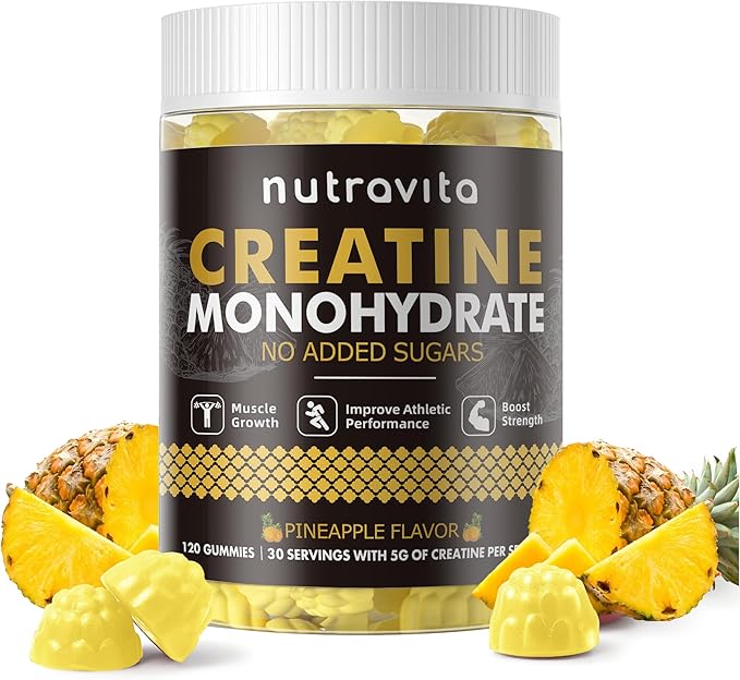 Nutravita Creatine Monohydrate Gummies for Men & Women-5g of Creatine Monohydrate per Serving - Sugar Free,Vegan,Pineapple Flavor, 120 Count