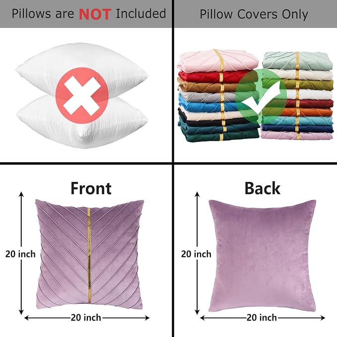 Velvet Throw Pillow Covers 20x20 inch Pack of 2 Gold Decor Purple | Soft Solid Pillow Covers,Modern Luxury Home Decor,for Couch Chair Sofa Bedroom Livingroom,Hidden Zipper,Ideal Gift,Easy Care