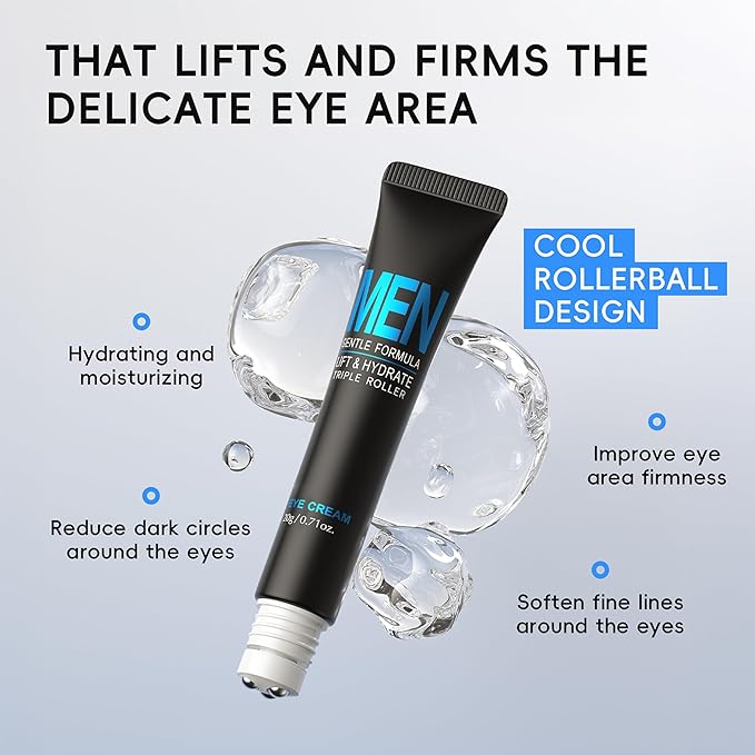 Men Eye Cream, Men's Under Eye Cream For Puffy Eyes & Dark Circles Treatment, Hydrating Triple-Roller Massage Designed, Firming, Soften Fine Lines, Cooling Stick For Puffiness Reducer 0.71oz.
