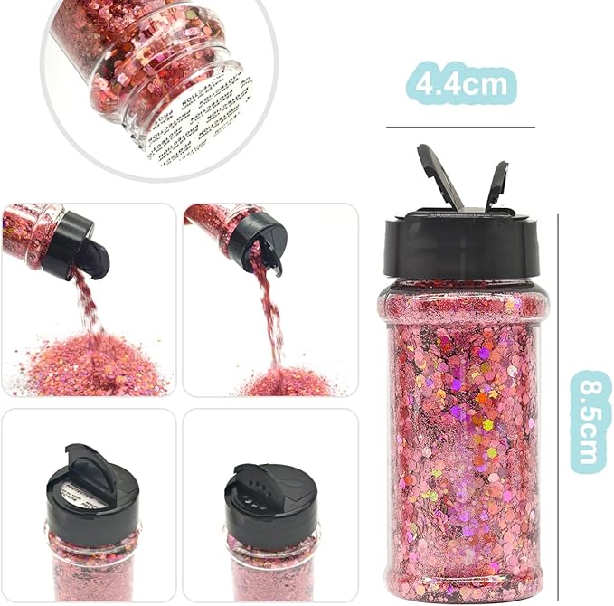 Pink - Holographic Craft Glitter - 2oz Glitter Shaker Bright Colorful Mix Chunky Body Glitter Bulk - 24 Colors in Shaker, Cosmetic Grade Glitter - LB911