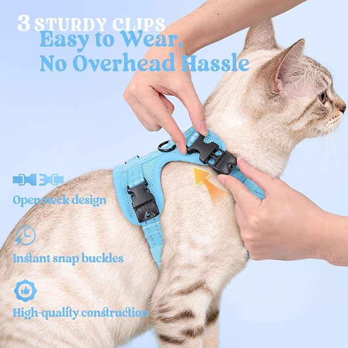 rabbitgoo Cat Harness and Leash, Easy-on with Neck Buckle, Sky Blue