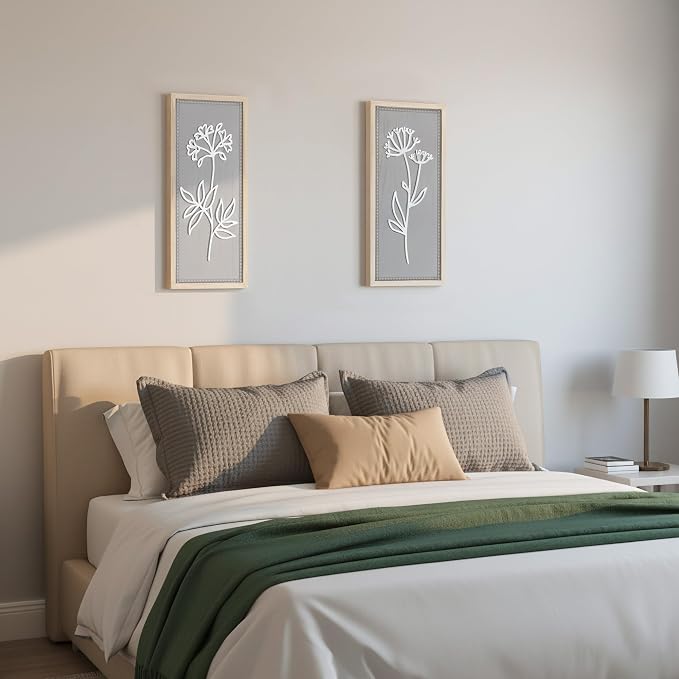 Gray Bathroom Wall Decor Set of 2, Rectangular 3D Wooden Floral Wall Art | Raised white floral cutouts in rectangular frames, ready to hang; neutral boho farmhouse decor for bedroom and hallway walls