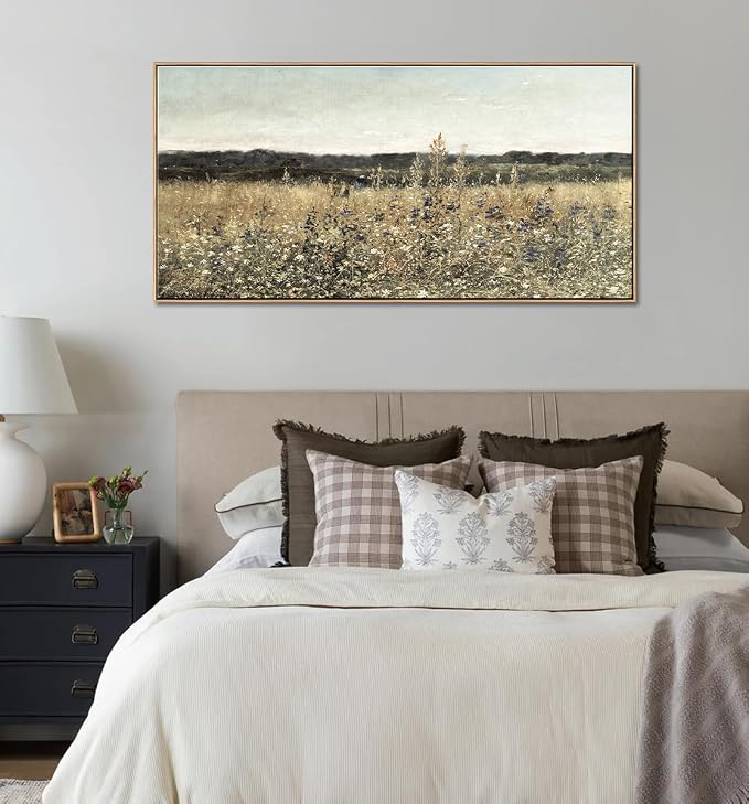 DJSYLIFE Wildflower Fields Framed Wall Art, Vintage Landscape | 24x48 Inch Canvas Prints, Solid Wood Frame, Ready to Hang, Flowers Painting, Country Farmhouse Decor for Living Room, Bedroom