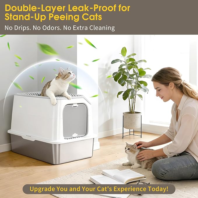 Enclosed Stainless Steel Litter Box with Lid for Most Adult Cats | 50% Thicker Metal, Dog Proof, Front & Top Entry, Leak-Proof Base, Scratch Resistant, Easy Clean