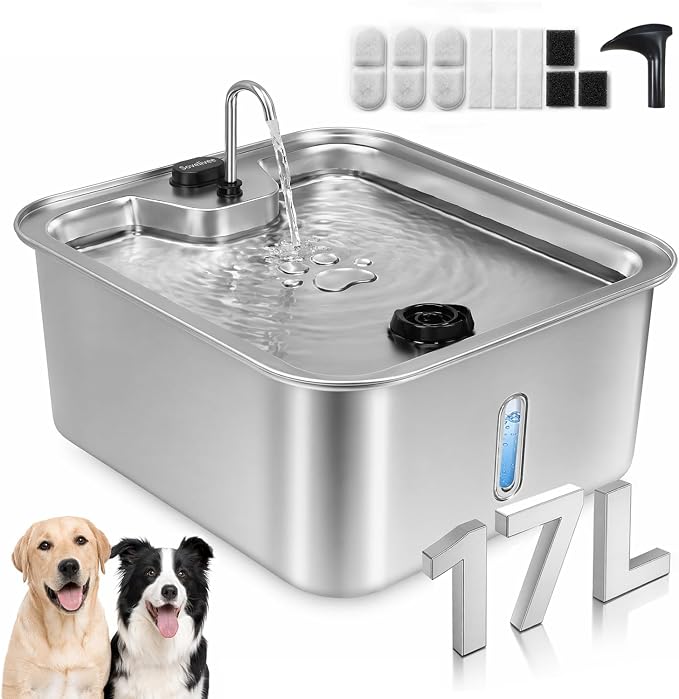 Cat/Large Dog Water Fountain, 4.5Gal/17L Quiet LED Blue Light Stainless Steel Pet Water Fountain for Large Dogs Indoor with 3 Replacement Filters, Multi-Filtration & Deeper Drinking Surface