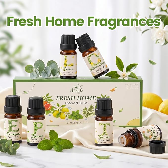 Auelife Essential Oils for Diffusers for Home, 6 Pack Fresh Scented Oil Set | Aromatherapy Gift with Grapefruit, Lemon, Peppermint, Eucalyptus, Blossom & Orange, Tea Tree for Home, Candle Making