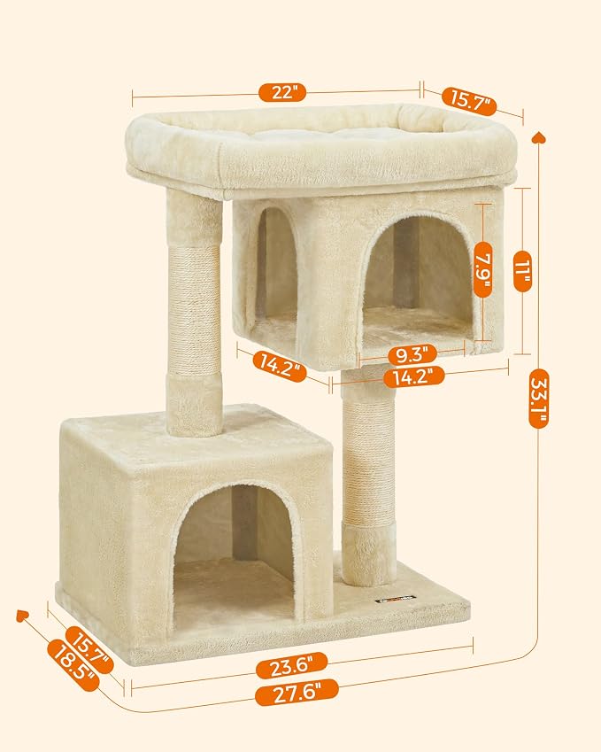 Feandrea Cat Tree, 33.1-Inch Cat Tower, Plush Condo for Large Cats up to 16 lb, Large Perch, 2 Caves, Scratching Post, Beige UPCT61M
