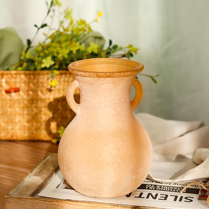 Brown Glass Vase with Handles - 7.5 Inch Rustic Terracotta Style Flower Vase, Vintage Decorative Round Bud Jar for Dried Flowers, Earthy Aesthetic Centerpiece for Modern Farmhouse & Boho Home Decor