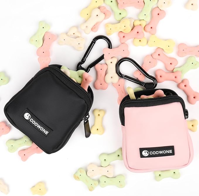 Dog Treat Pouch 2 Pack, Waterproof, Zipper Closure, Hands Free, Black+Pink